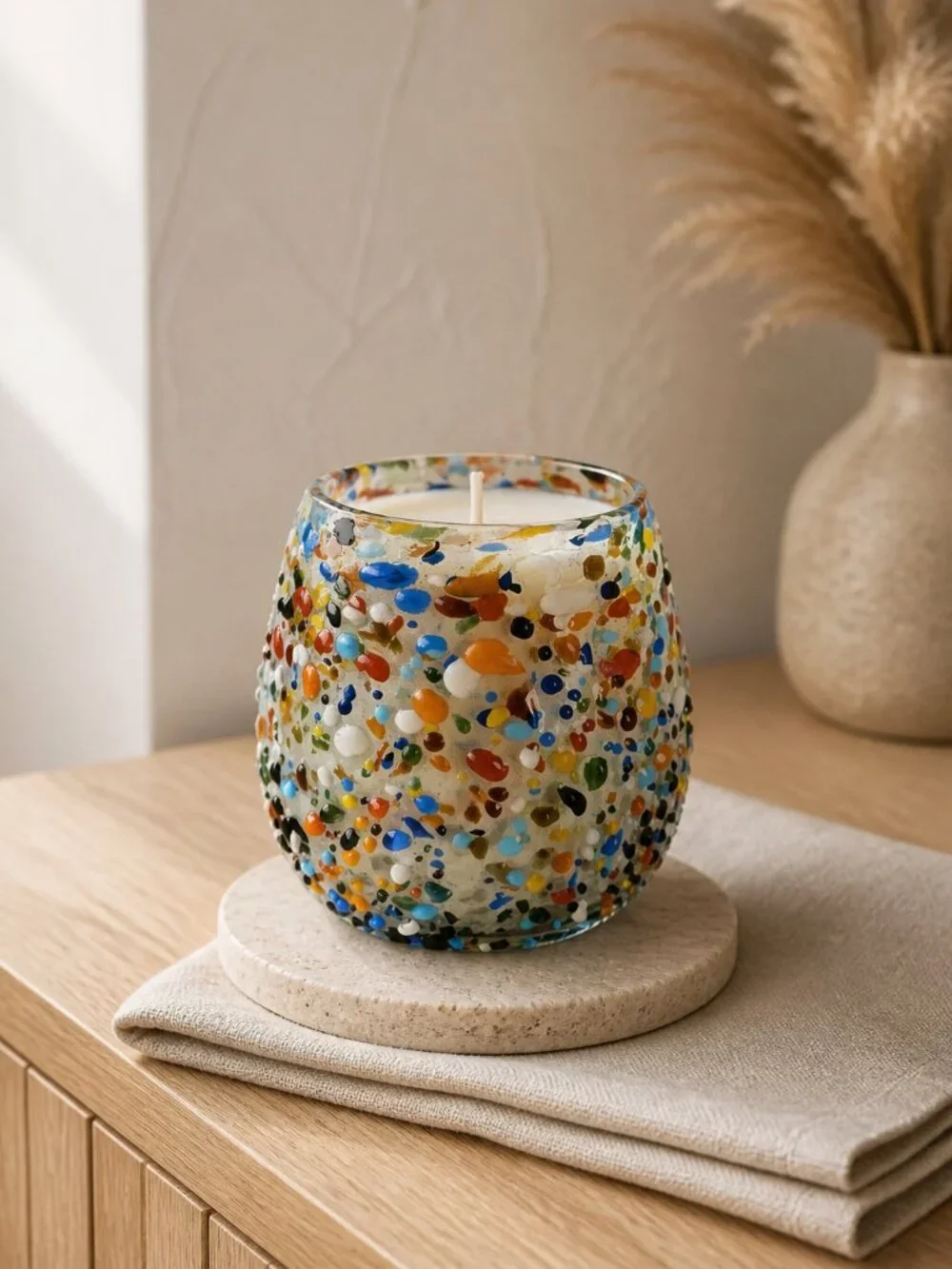Mexican Glass Jar Pebbled Multi-colored‎ Soy Wax Candle -Light Sandalwood Scent